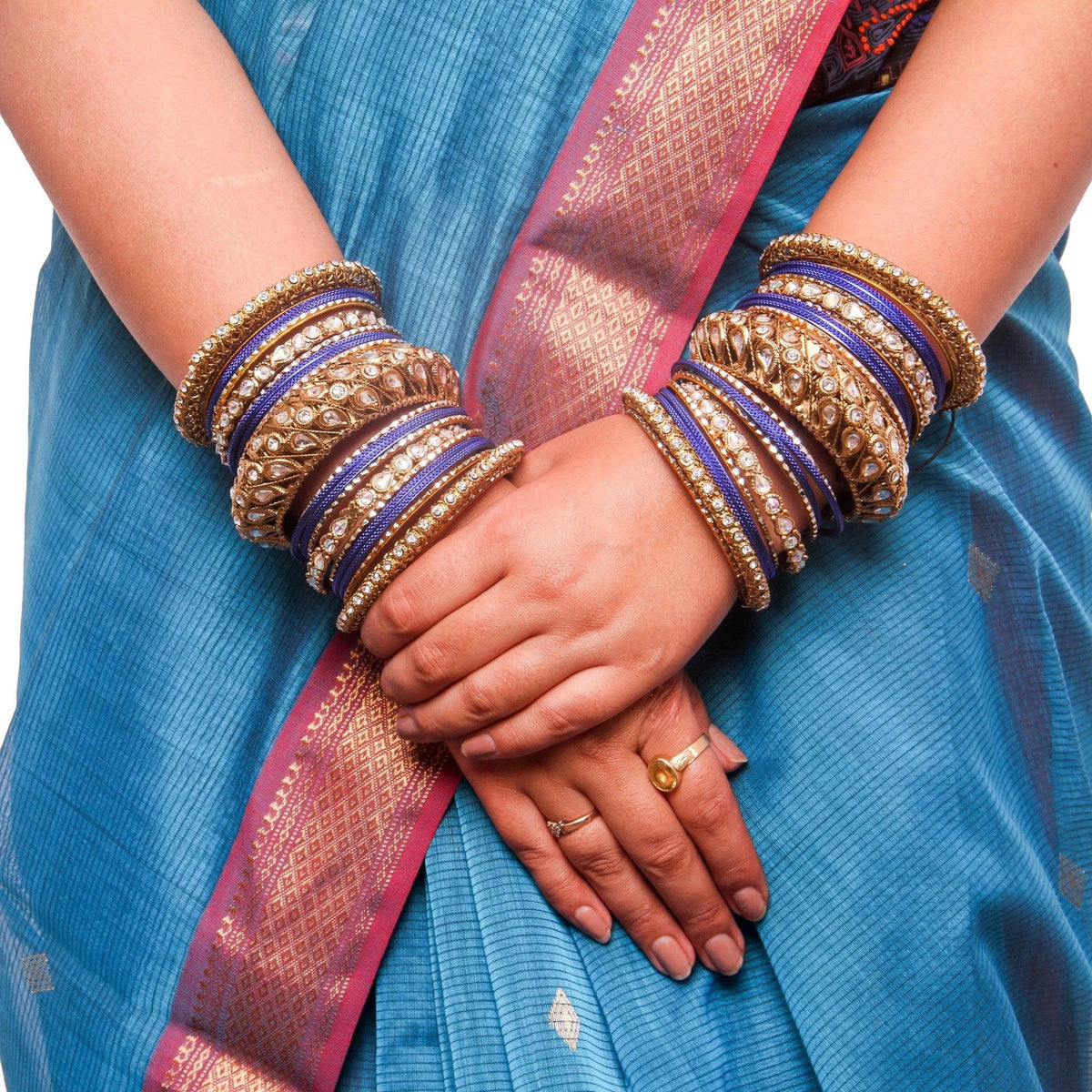 Golden Wedding Bangle set, Bridal bangles set of 2 Kundan Bangles with Chakri Kada, Bollywood Jewelry Set of 46 Bangles, Indian Jewelry - Libasaa