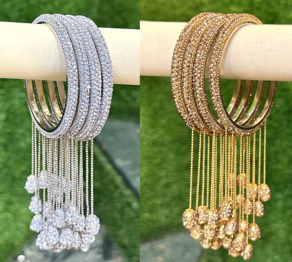 Latkan Golden Silver Crystal Stones 4 Psc hanging bangles ethnic party wear bangles, Latkan bangles, Tassel Bangle, Indian bangles - Libasaa