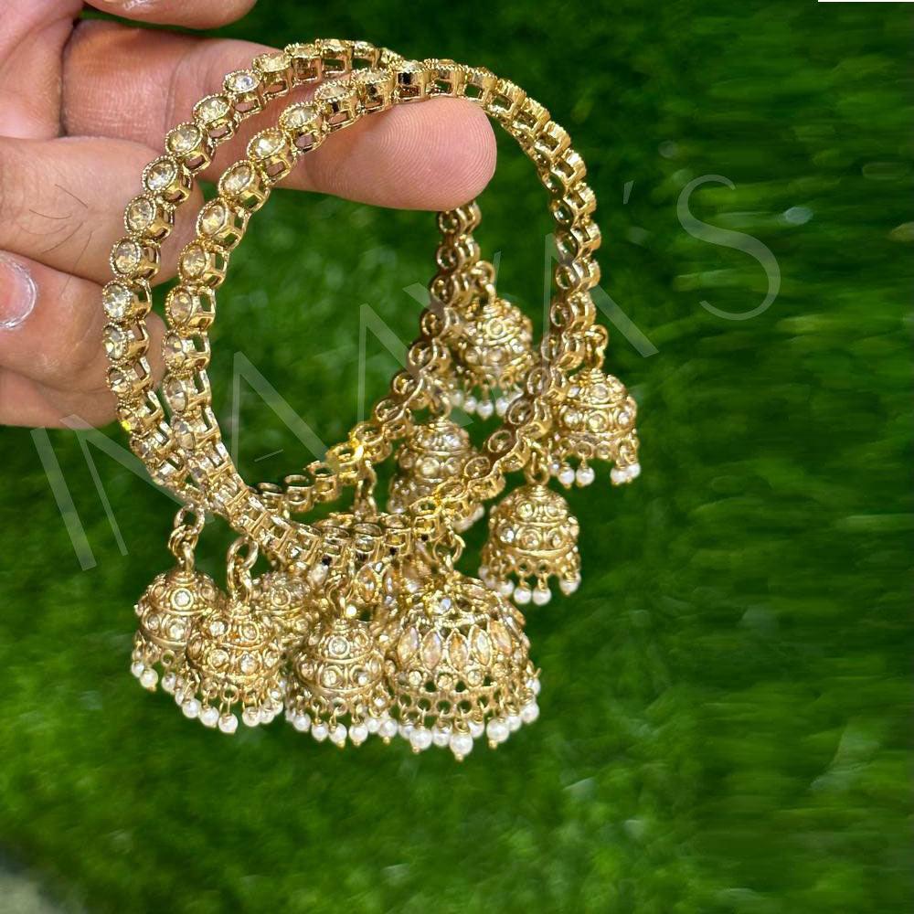 Antique Gold Reverse AD premium latkan jhumki bangle set , Jhumki bangles, kangans, Churiya Bangle Set, Gold Indian Bangles. Pack of 2 - Libasaa