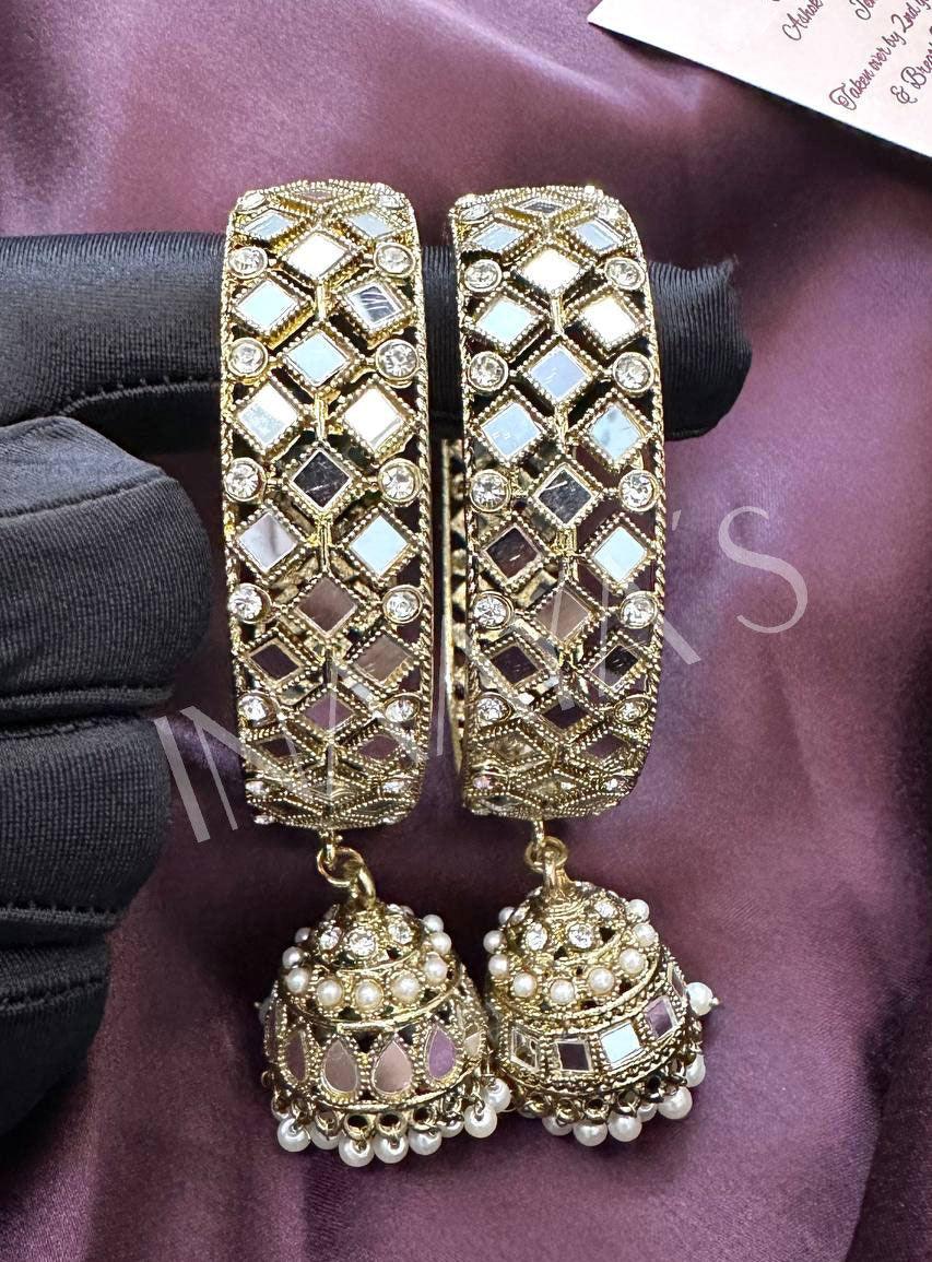 Satin Gold Mirror Jhumka Bangles Set, Mirror Bangles, Jhumki Bangles, handcrafted set of 2 golden color bangles, bracelet - Libasaa