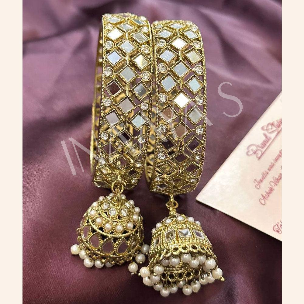 Satin Gold Mirror Jhumka Bangles Set, Mirror Bangles, Jhumki Bangles, handcrafted set of 2 golden color bangles, bracelet - Libasaa
