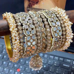 Golden stone mirror pearl Indian bangles with jhumki, Set of 2 - Libasaa