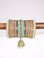 Pink & Mint Bridal Jhumki Bangles Set, Stones Pearl work, Wedding bangles, Indian Jewelry, Bridal Bangles Wedding Navratri Bollywood Bangles - Libasaa