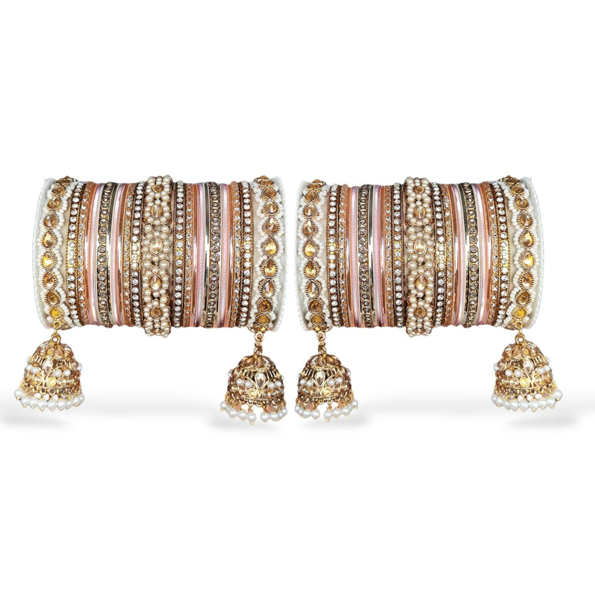 Pink Pearl Indian Bangles Bracelet Set with Jhumki Borders, Indian wedding bangle set, Indian Pakistani South Asian Bridal, Hand Jewellery - Libasaa