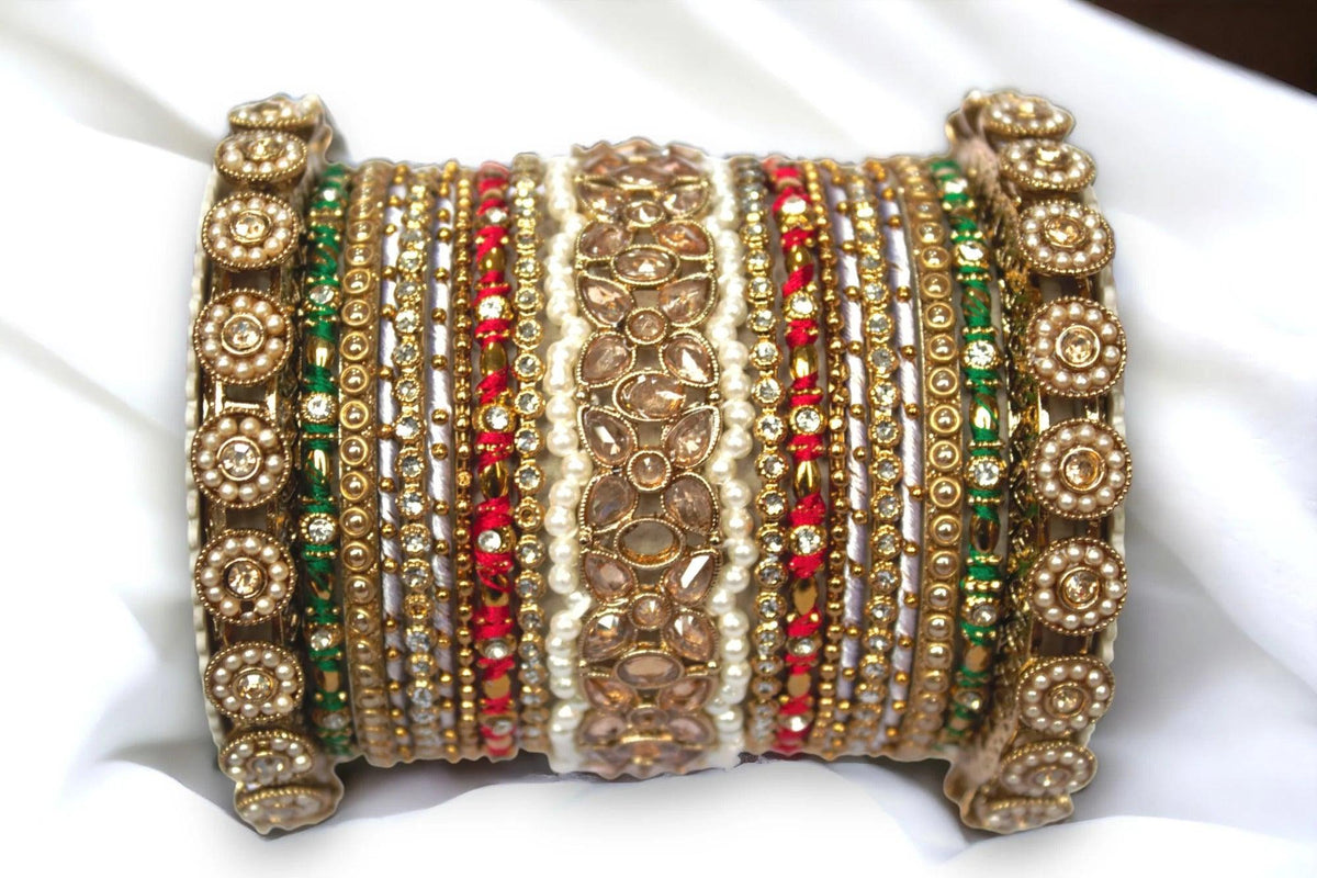 Kundan, Stones & Silk Threads Bridal Bangle Set for Women, Indian Bollywood Jewelry, Set of 2 - Libasaa
