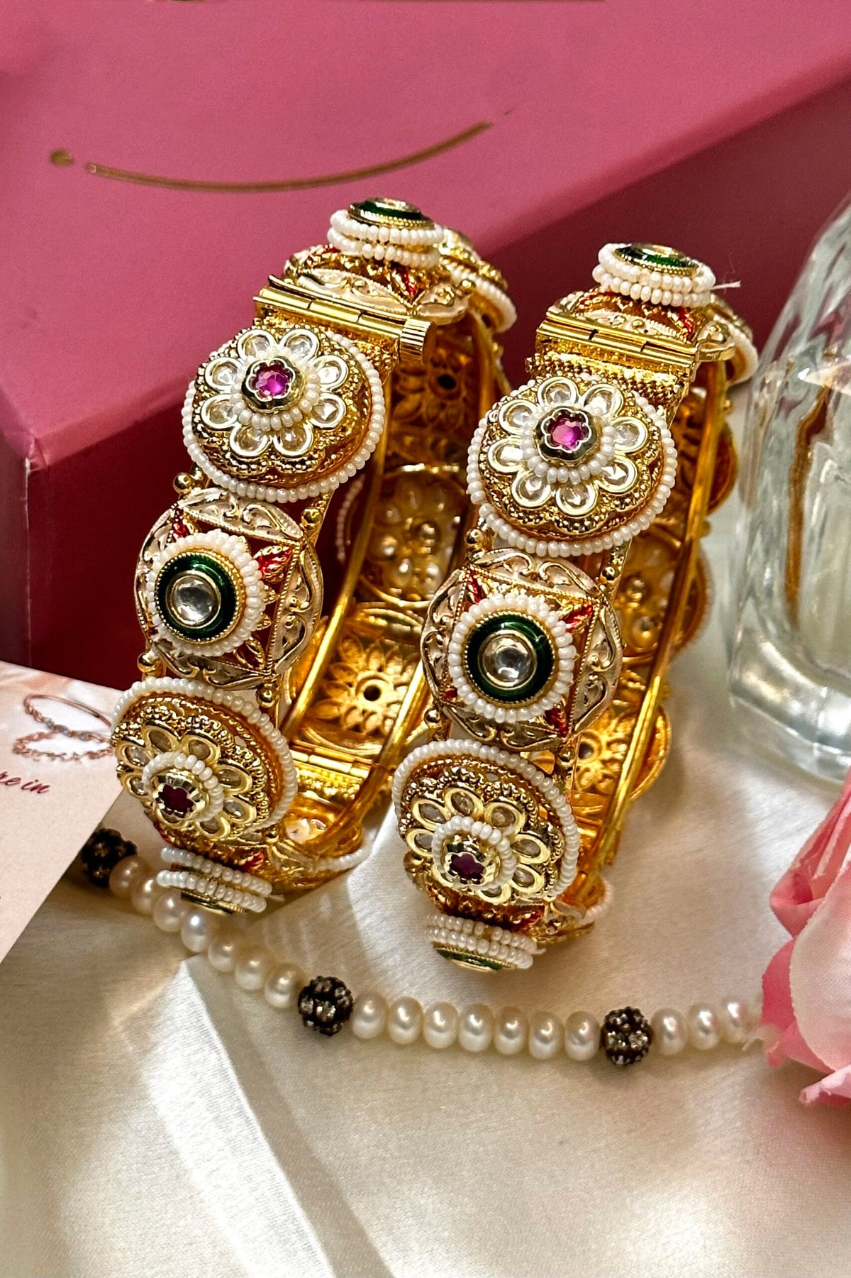 Set of 2 Bangles Rajwadi Amrapali Openable Stone gold finish, ,Gold Bangles set restocked, Ruby bangles, Set of 2 Bangles, Indian Bangles - Libasaa.com