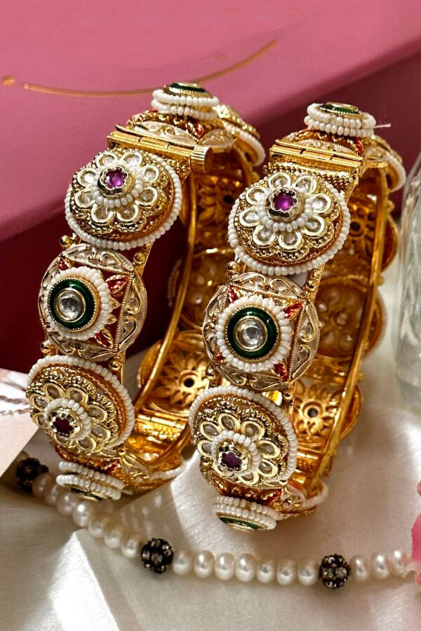Set of 2 Bangles Rajwadi Amrapali Openable Stone gold finish, ,Gold Bangles set restocked, Ruby bangles, Set of 2 Bangles, Indian Bangles - Libasaa.com
