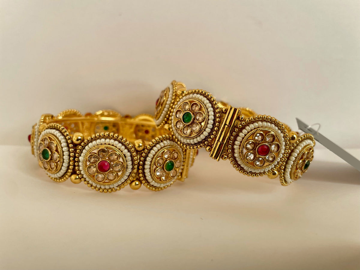 Polki Multicolor Stone Pearl Border Set of Bangles, Polki bangles, Indian bangle set, polki bangle set - Libasaa.com