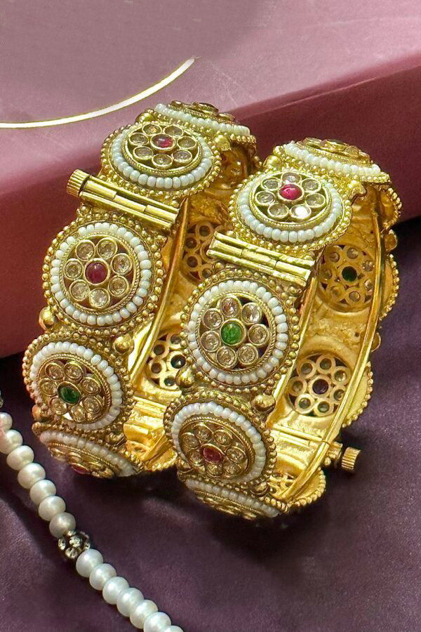 Polki Multicolor Stone Pearl Border Set of Bangles, Polki bangles, Indian bangle set, polki bangle set - Libasaa.com