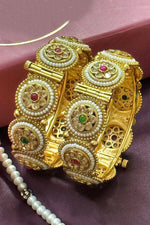 Polki Multicolor Stone Pearl Border Set of Bangles, Polki bangles, Indian bangle set, polki bangle set - Libasaa.com