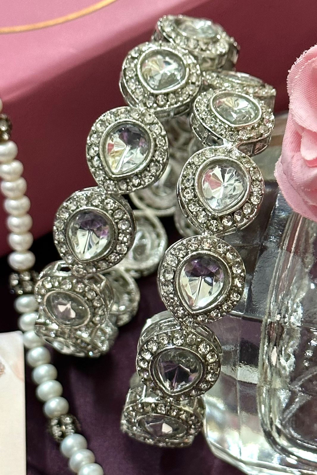 Pair of Premium quality Kundan Silver Cut Bracelet, Kada, Bangles, Statement piece, Set for 2 - Libasaa.com