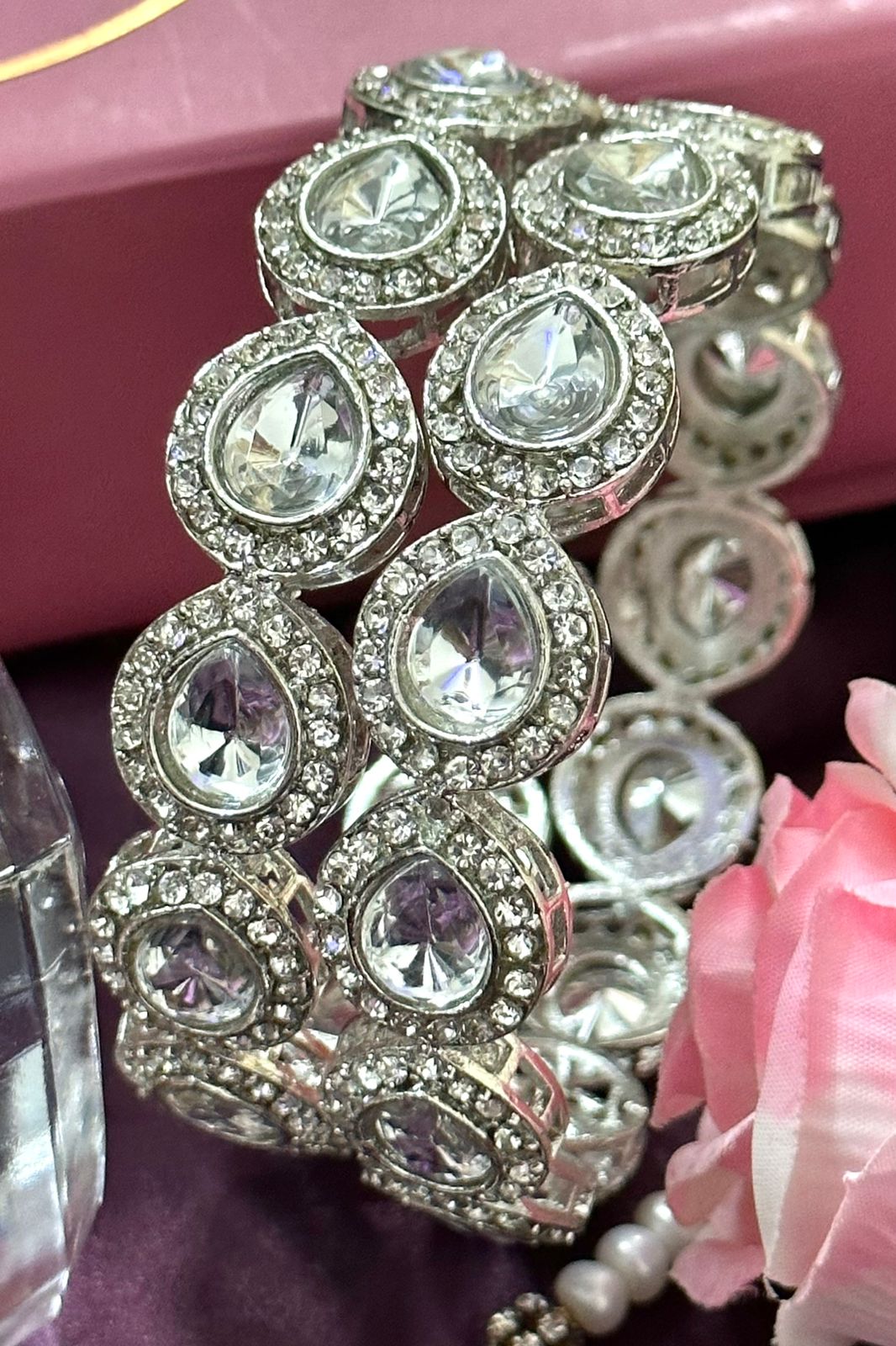 Pair of Premium quality Kundan Silver Cut Bracelet, Kada, Bangles, Statement piece, Set for 2 - Libasaa.com