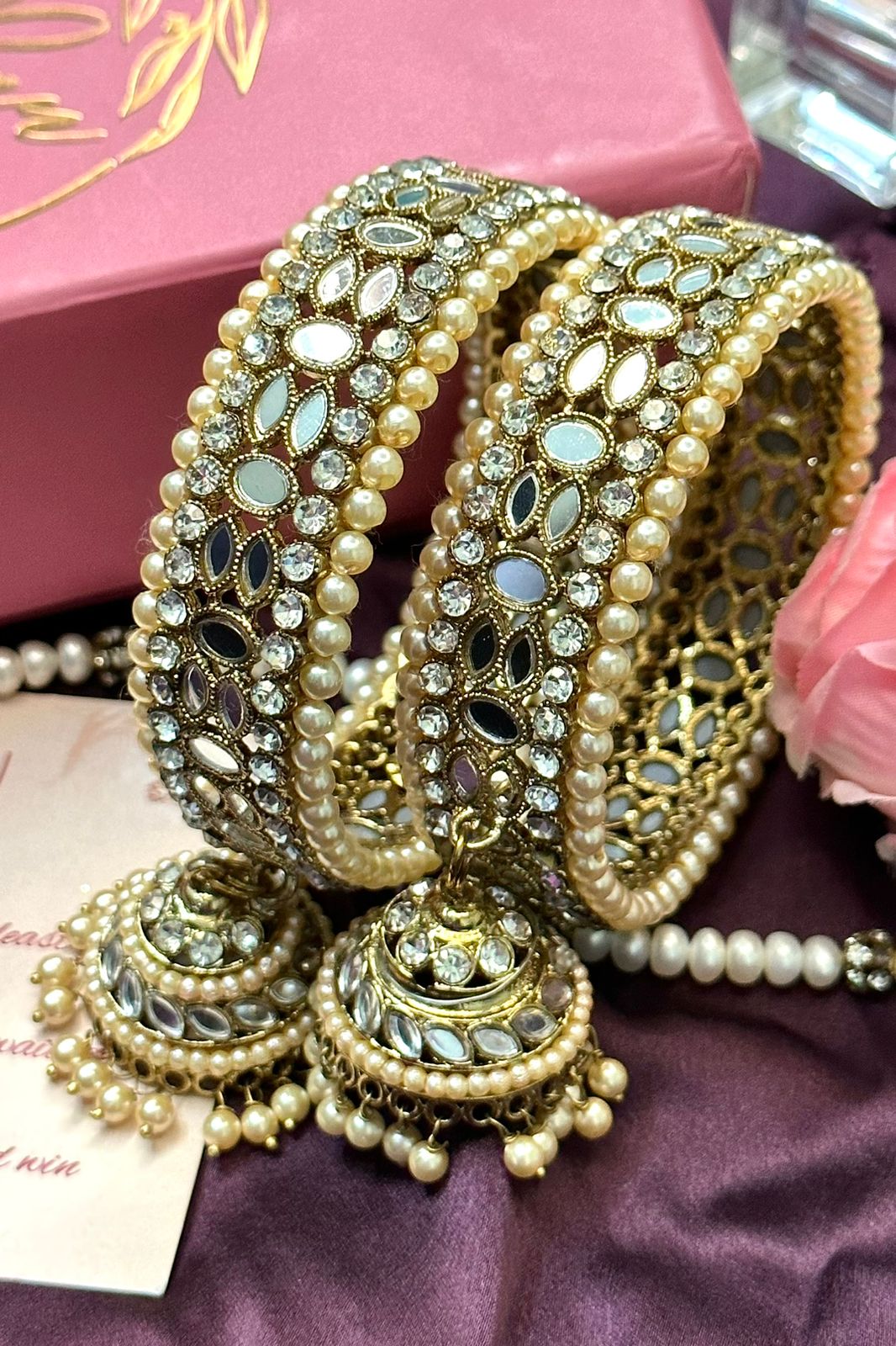 AD Antique Look Pearl Gold Jhumki Bangles, Golden Stone pearl Indian Asian bangles with jhumki - Libasaa.com