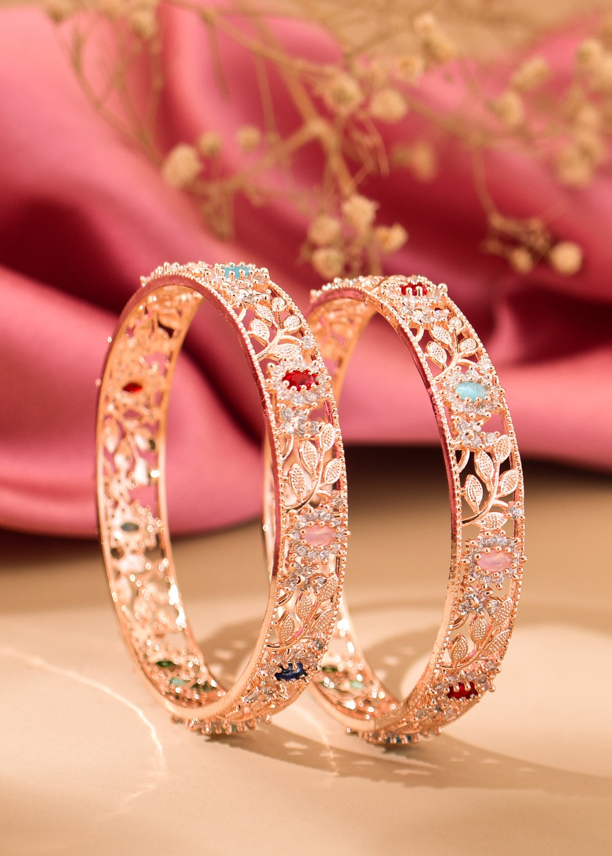 Rose Gold Premium American Diamond Bangles Set of 2 - Libasaa.com