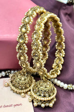 Indian Kada Bangles Antique Reverse AD Pearl Gold Jhumki Latkan Bangles Set of 2 - Libasaa.com