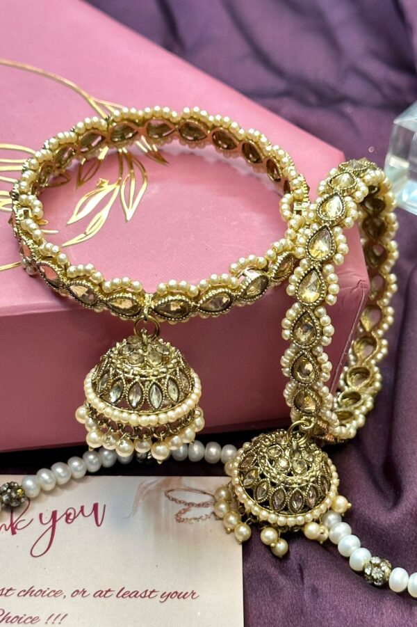 Indian Kada Bangles Antique Reverse AD Pearl Gold Jhumki Latkan Bangles Set of 2 - Libasaa.com