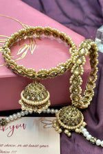 Indian Kada Bangles Antique Reverse AD Pearl Gold Jhumki Latkan Bangles Set of 2 - Libasaa.com