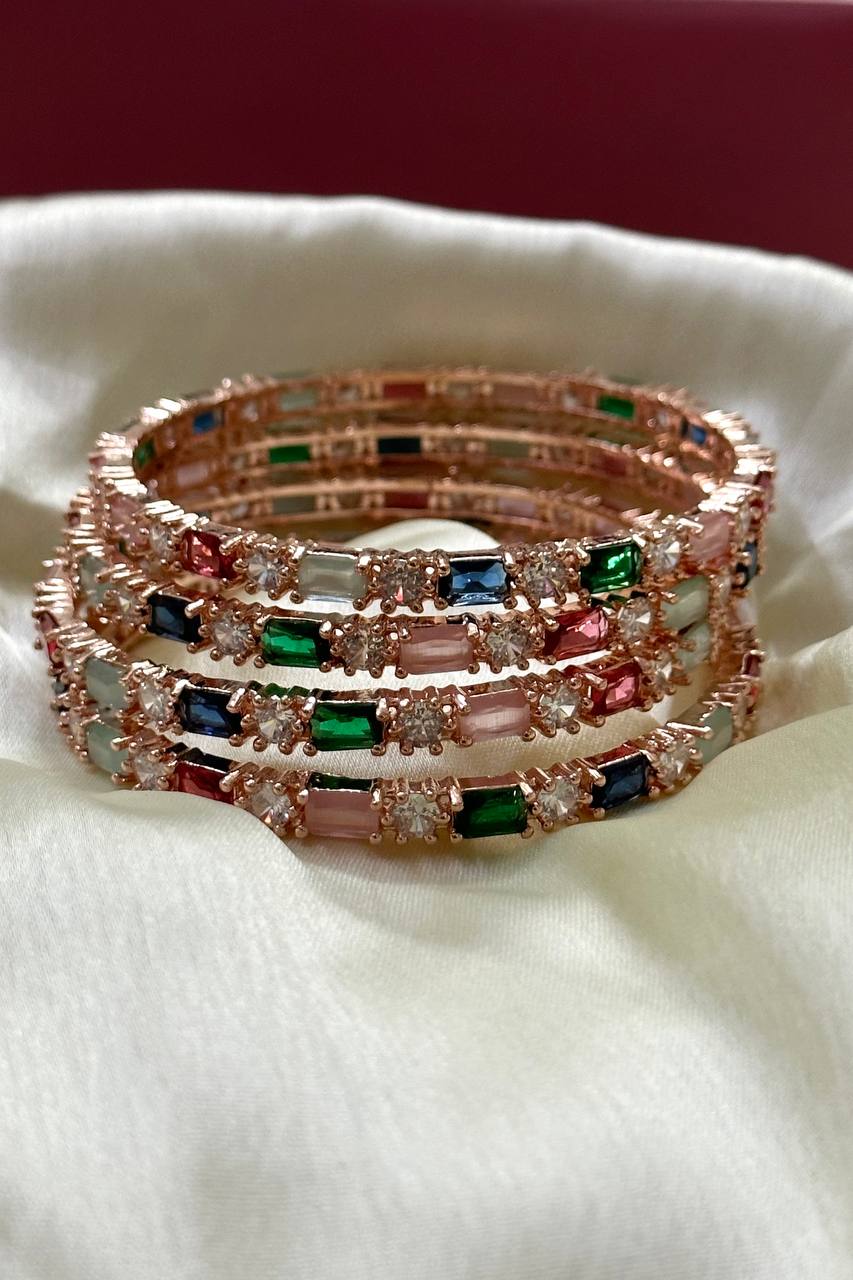 Set of 4 Rose Gold American Diamond bangles Multi color CZ Bangles Indian bangles Bangles, bridal bangles, Indian wedding bridal Gift - Libasaa.com