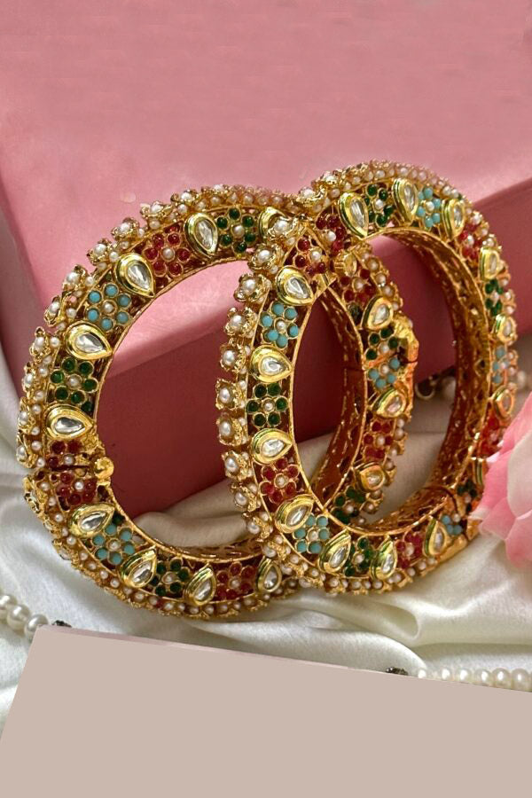 Rajwadi Jadau Pearl Pacheli Kada, Royal Jaipuri Kada, Indian Jewelry. Pearl Kada. Pacheli Kada. Pakistani Jewelry. Jadau Kada - Libasaa.com