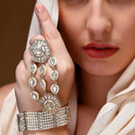 White Kundan Stones & Pearl Adjustable Haath Phool, Bridal Hand Harness, Kundan Stones Ring Bracelet, Indian Jewelry, Gift for Her, Set of 2 - Libasaa