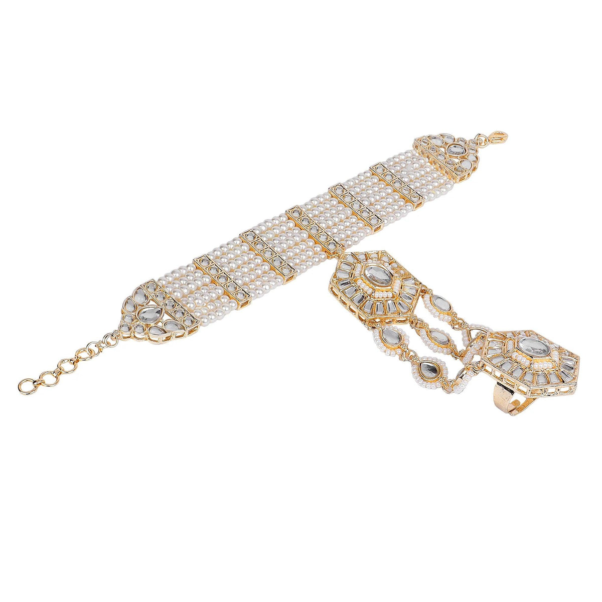 White Kundan Stones & Pearl Adjustable Haath Phool, Bridal Hand Harness, Kundan Stones Ring Bracelet, Indian Jewelry, Gift for Her, Set of 2 - Libasaa