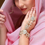 Bridal Kundan Stones Pearl Adjustable Haath Phool, Bridal Hand Harness, Kundan Stones Ring Bracelet, Indian Jewelry, Gift for Her, Set of 2 - Libasaa