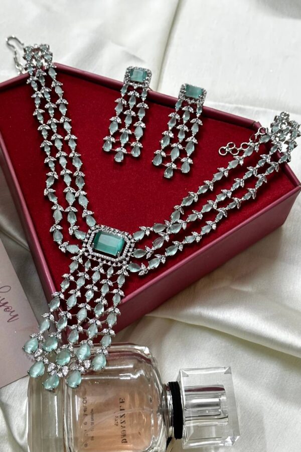 Mint American Diamond High Quality Necklace Set, Indian Bridal Jewelry, Cz Diamond Emerald Necklace & Earring Set - Libasaa.com