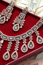 American Diamond Silver Wedding Necklace Earring set, Mint Cz Stone Indian Jewelry, Mint Green Statement Necklace, Indian Designs Jewelry - Libasaa.com