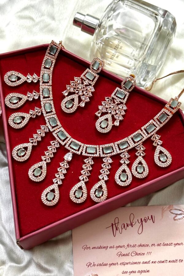 American Diamond Silver Wedding Necklace Earring set, Mint Cz
