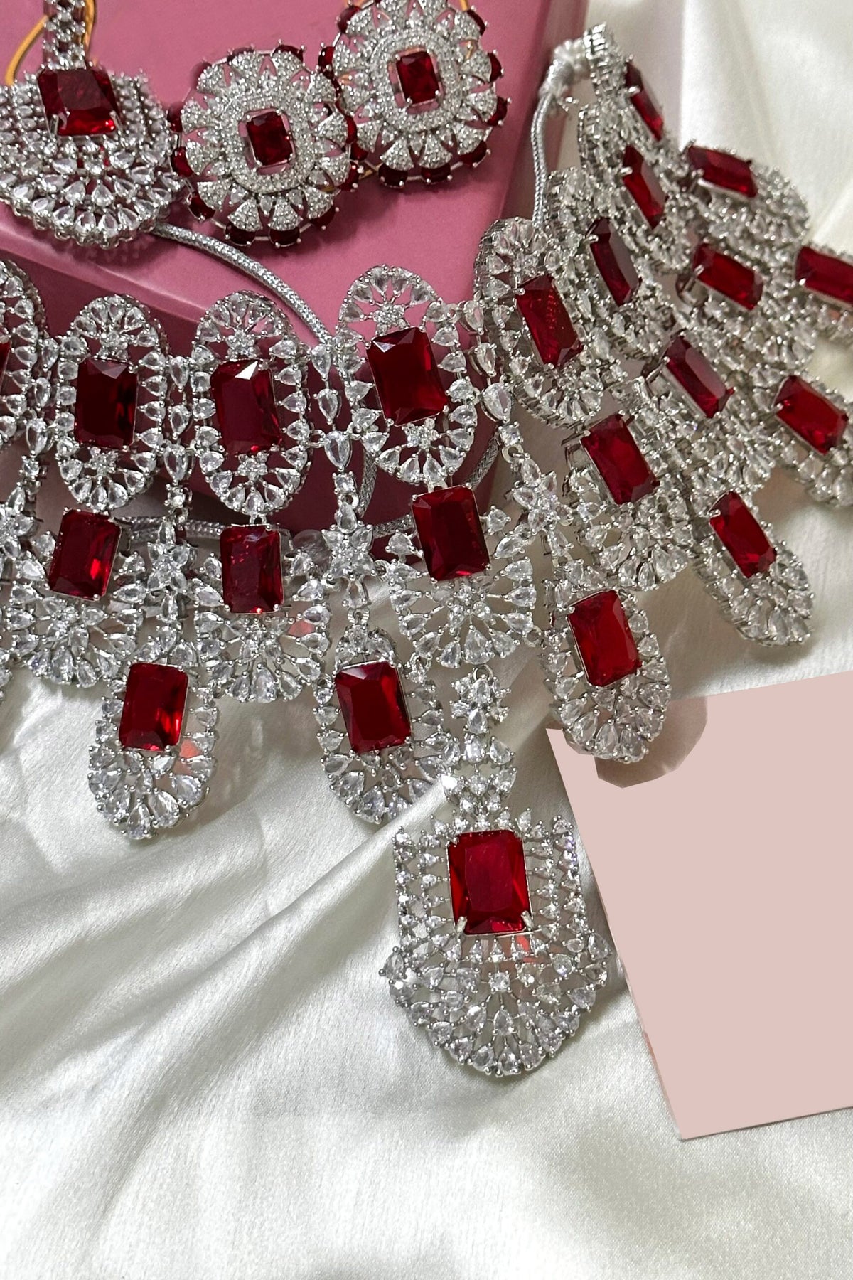 Trending American diamond bridal choker set with earrings and tikka - Libasaa.com