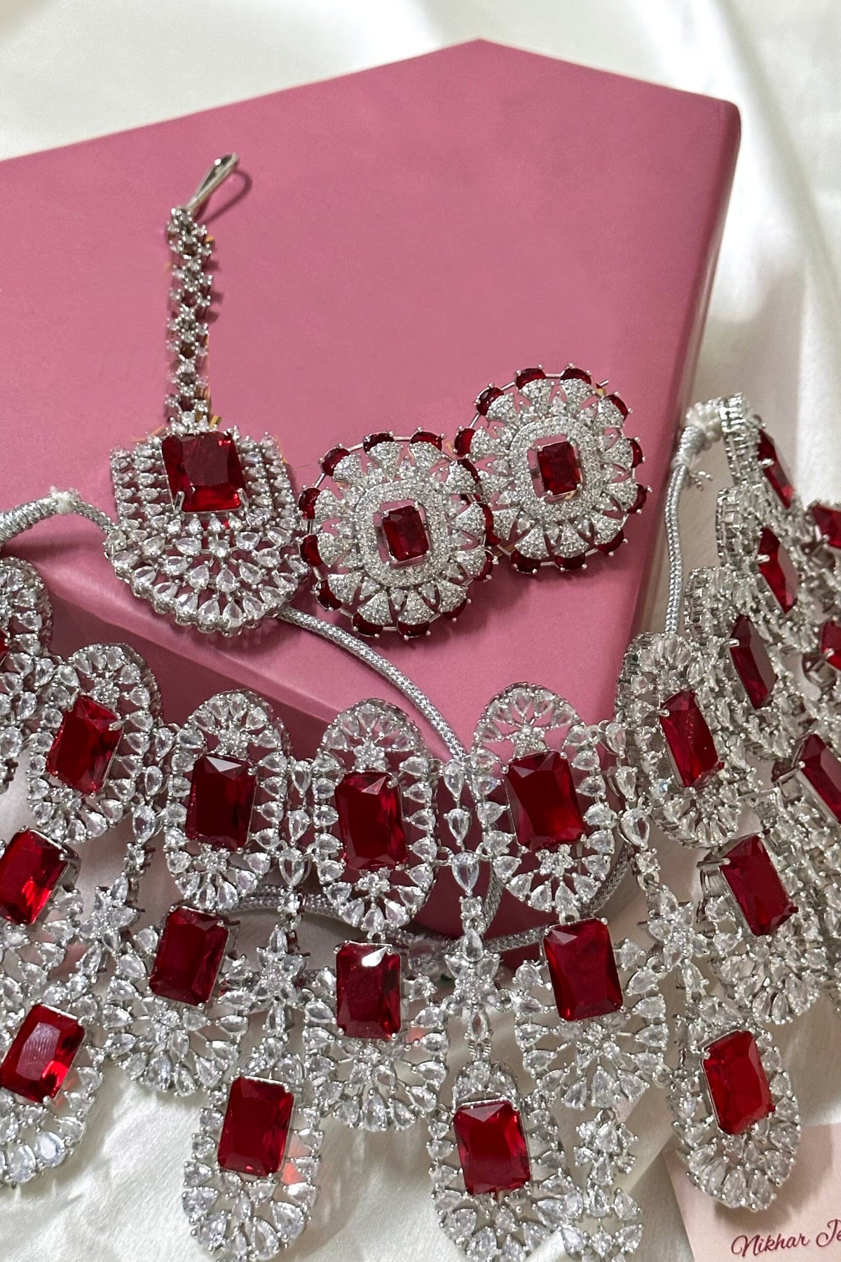 Trending American diamond bridal choker set with earrings and tikka - Libasaa.com
