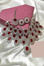 Trending American diamond bridal choker set with earrings and tikka - Libasaa.com