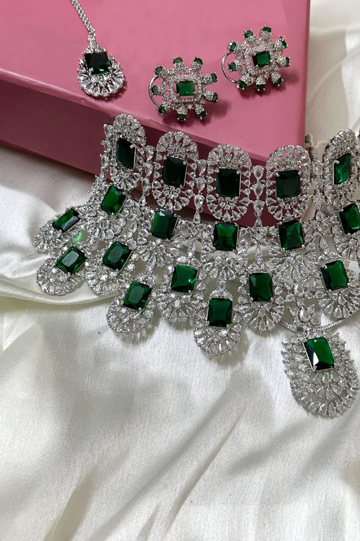 Trending American diamond bridal choker set with earrings and tikka - Libasaa.com