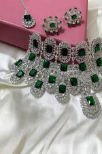 Trending American diamond bridal choker set with earrings and tikka - Libasaa.com