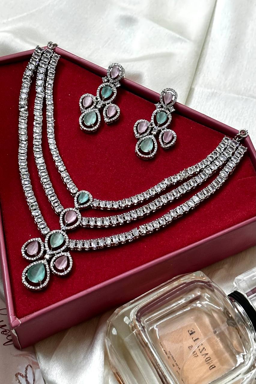 American Diamond Necklace Set, CZ Necklace, Indian Jewelry, Bollywood Jewelry, 3 layered AD necklace, Silver pink mint - Libasaa.com