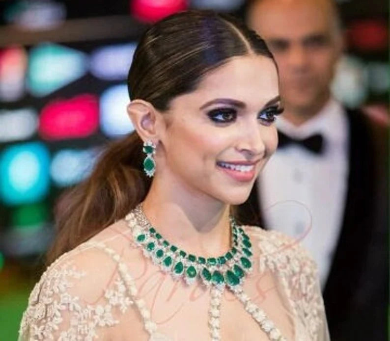 Celebrity Inspired Green necklace, Layered Emerald Green Faux, Diamond Necklace Set, Emerald Diamond Necklace, CZ Necklace - Libasaa.com