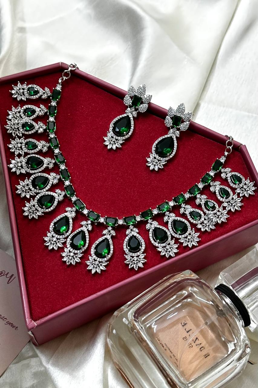 Celebrity Inspired Green necklace, Layered Emerald Green Faux, Diamond Necklace Set, Emerald Diamond Necklace, CZ Necklace - Libasaa.com