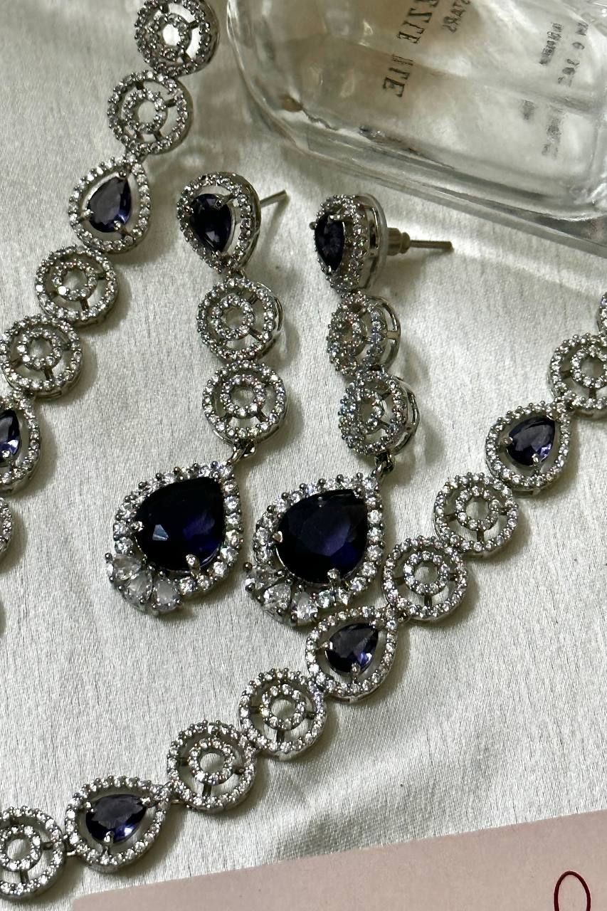 Lilac Silver Crafted Necklace Set in American Diamond, Classy high quality jewelry for wedding, prom, gala dinner, traditional bridal jewellery - Libasaa.com