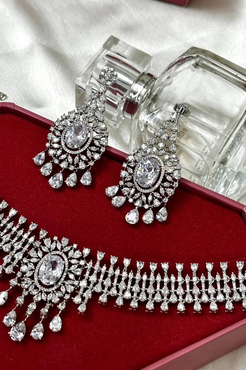 Silver choker Necklace set, American Diamond CZ Necklace set, Silver Choker, wedding jewelery, Bridal jewellery - Libasaa.com