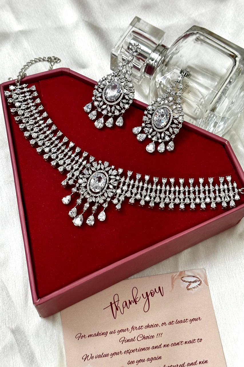 Silver choker Necklace set, American Diamond CZ Necklace set, Silver Choker, wedding jewelery, Bridal jewellery - Libasaa.com