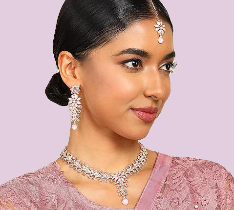 American diamond choker set with maang tikka, Indian, Pakistani premium quality jewelry set - Libasaa.com