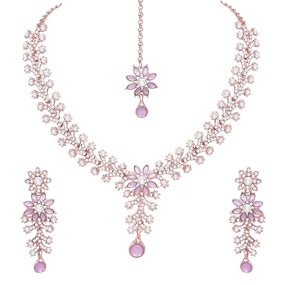 American Diamond Choker Necklace with Maang Tikka & Earrings, Traditional Bridal Wedding Jewelry Set - Libasaa.com