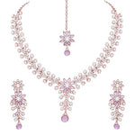 American Diamond Choker Necklace with Maang Tikka & Earrings, Traditional Bridal Wedding Jewelry Set - Libasaa.com