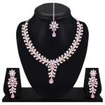 American Diamond Choker Necklace with Maang Tikka & Earrings, Traditional Bridal Wedding Jewelry Set - Libasaa.com