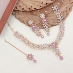 American Diamond Choker Necklace with Maang Tikka & Earrings, Traditional Bridal Wedding Jewelry Set - Libasaa.com