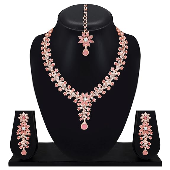 American diamond choker set with maang tikka, Indian, Pakistani premium quality jewelry set - Libasaa.com
