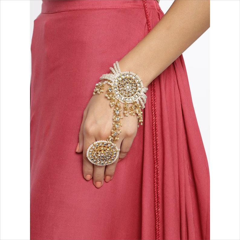 White Kundan Stones & Pearl Adjustable Haath Phool, Panja Bracelet, Gold Plated Ring Bracelet, Indian Jewelry | Gifts for Her - Libasaa