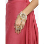 White Kundan Stones & Pearl Adjustable Haath Phool, Panja Bracelet, Gold Plated Ring Bracelet, Indian Jewelry | Gifts for Her - Libasaa