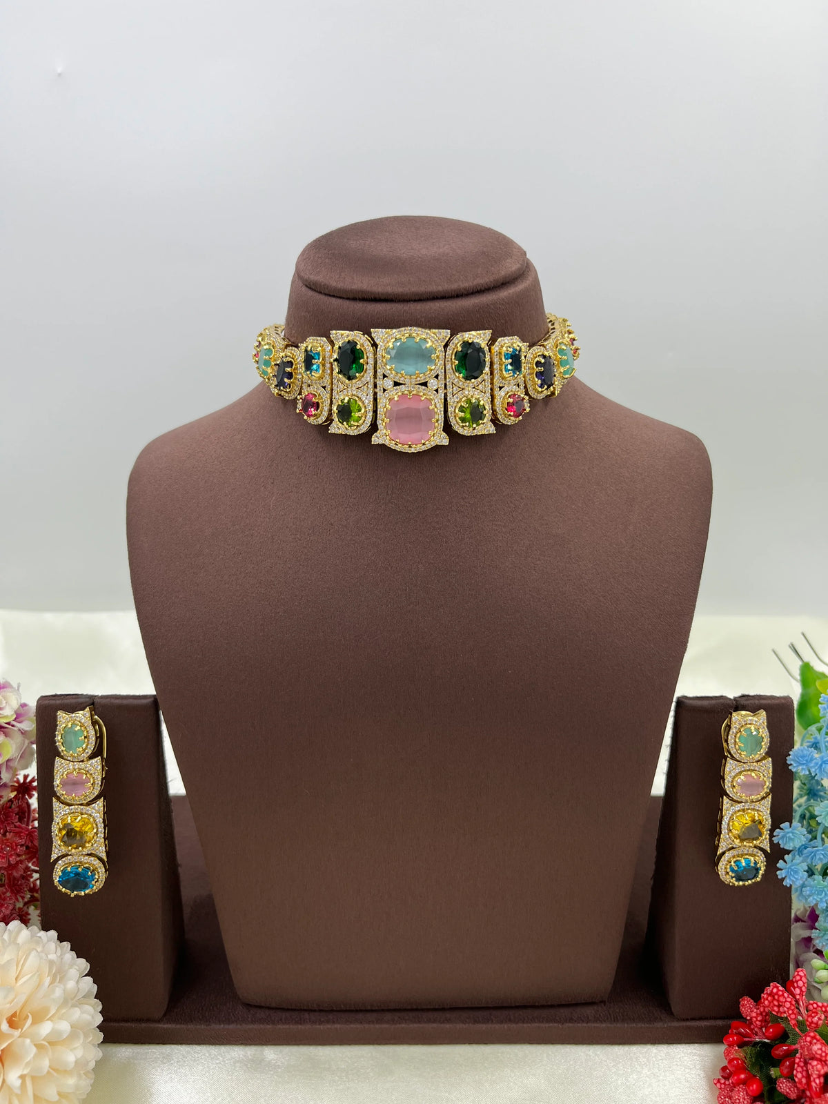 Satrangi AD Multi Choker Necklace Set with Matching Earrings – Bridal & Party Wear Jewelry - Libasaa.com
