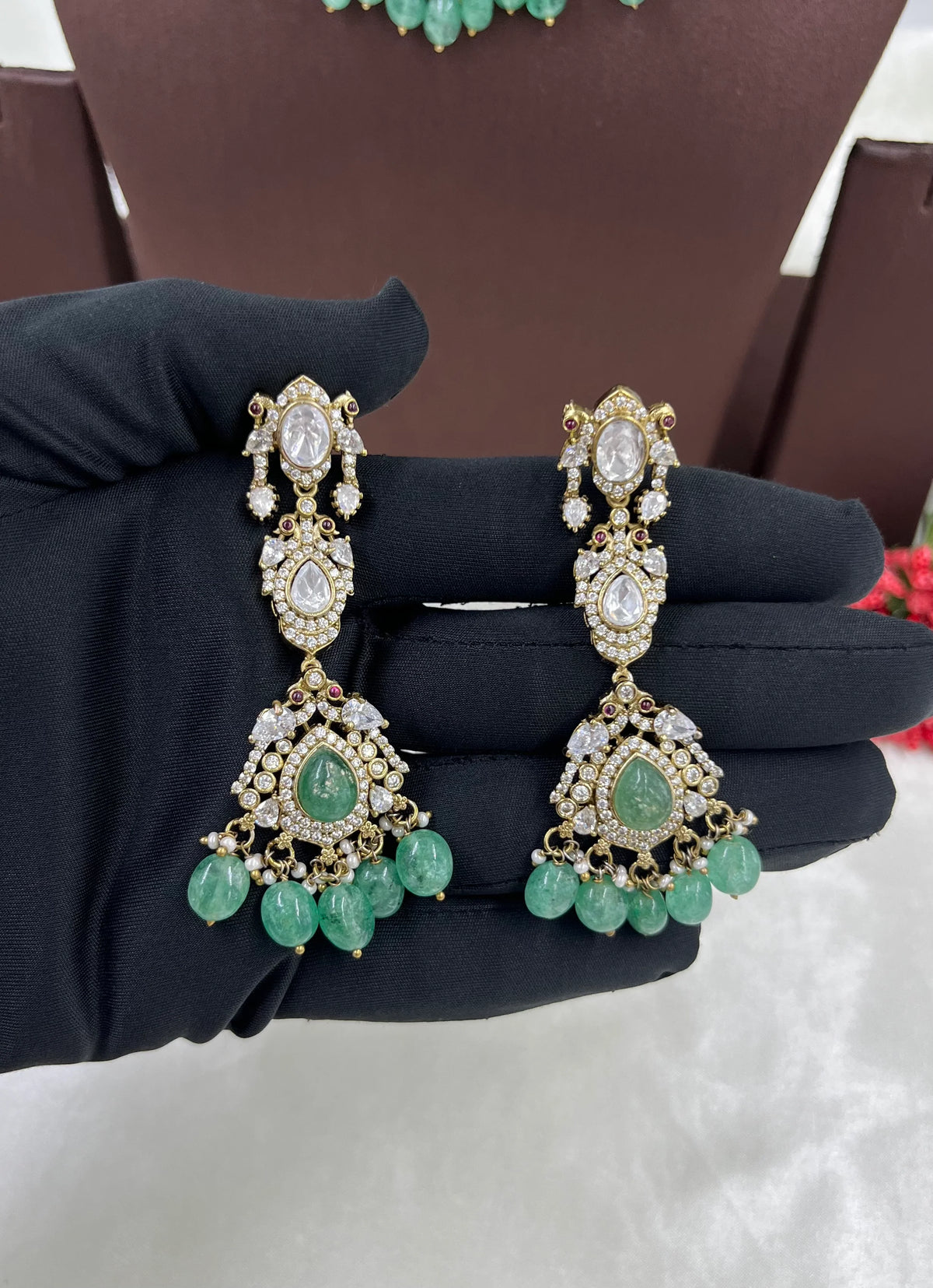 Mohini Antique Premium Moissanite Kundan Necklace Set with Earrings & Maang Tikka β Bridal & Party Jewelry - Libasaa.com